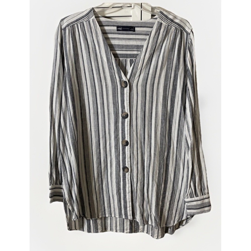 M&S Collection Gray White Striped Button Down Linen Blend Top Women's Large